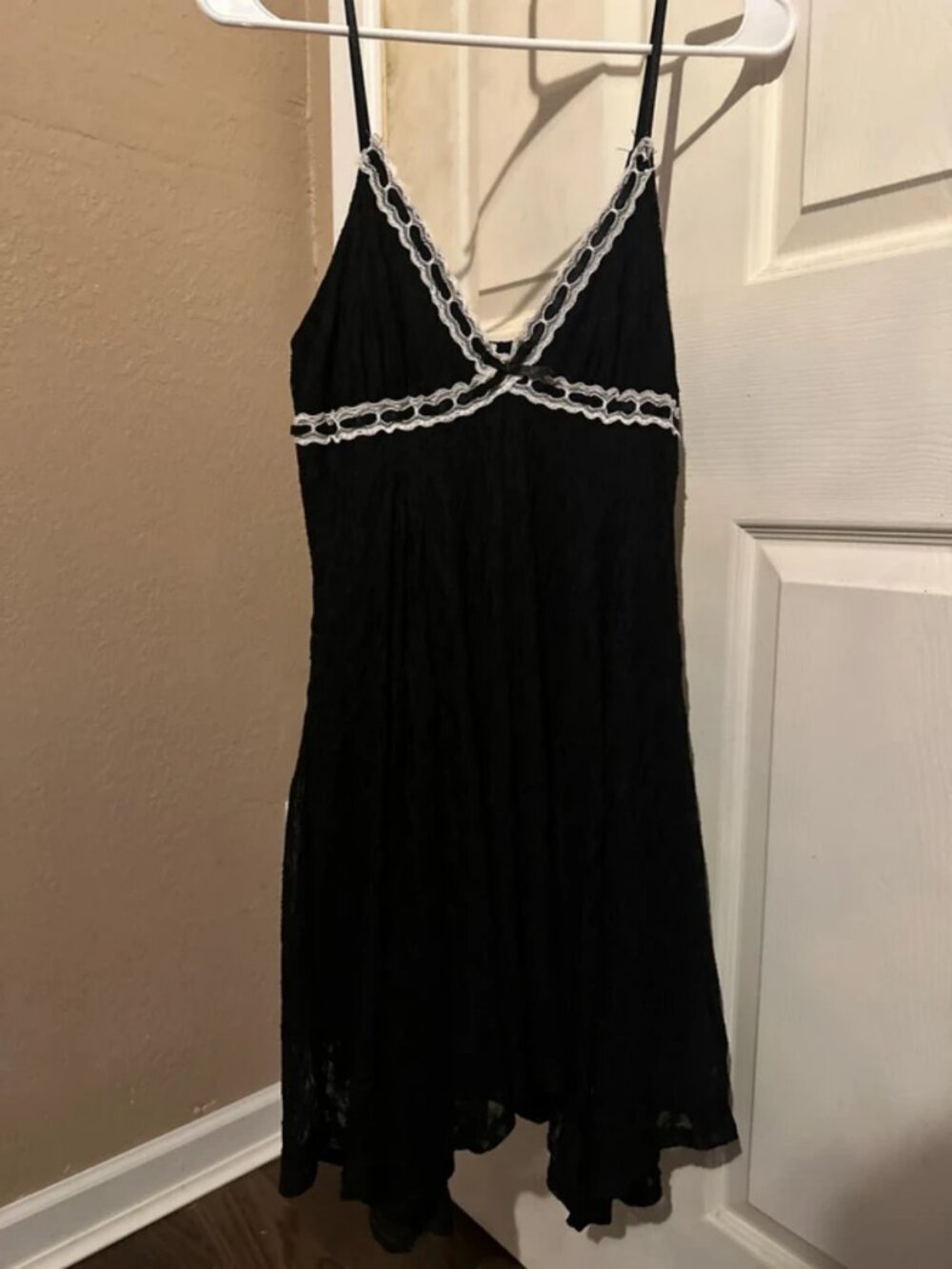 Black spaghetti strap with white lace on top dress
